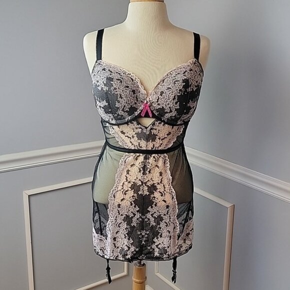 VICTORIA'S SECRET Black Mesh Pink Lace Push Up Bra Intimate Slip Dress Teddy 38D - Picture 1 of 12